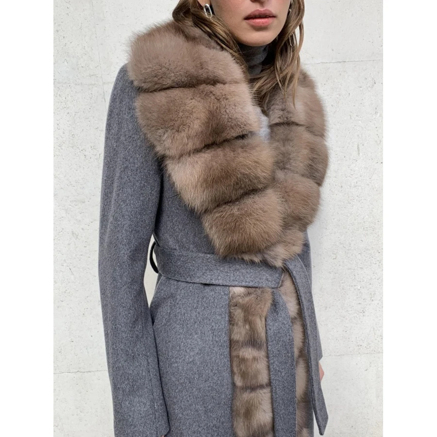 Damen Woll misch mantel mit Fuchs pelz Kaschmir Woll mantel Winter lange echte Fuchs Pelzmantel Luxus Neuankömmling 2024