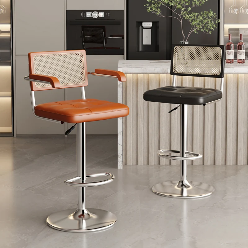 Banco de bar de meados do século, cadeira elevável com encosto de vime para ilha de cozinha, banco giratório com apoio para os pés, assento de recepção moderno