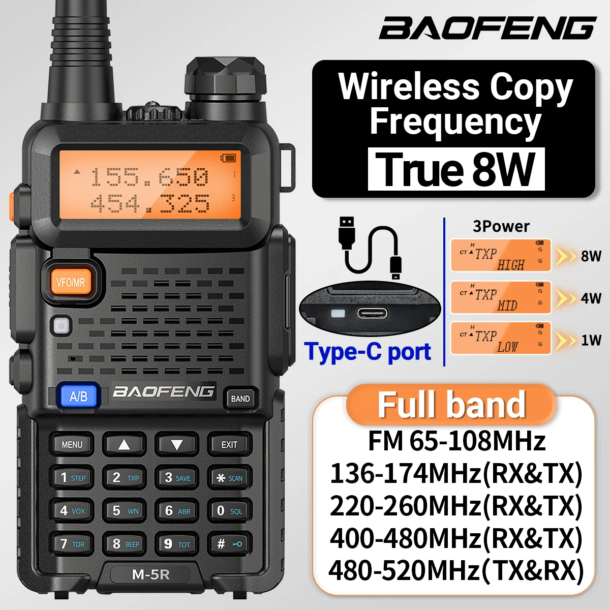 Baofeng M-5R Walkie Talkie cargador tipo C de alta potencia de largo alcance frecuencia de copia inalámbrica conmutador de banda aérea Radioaficionado UV-5R K5