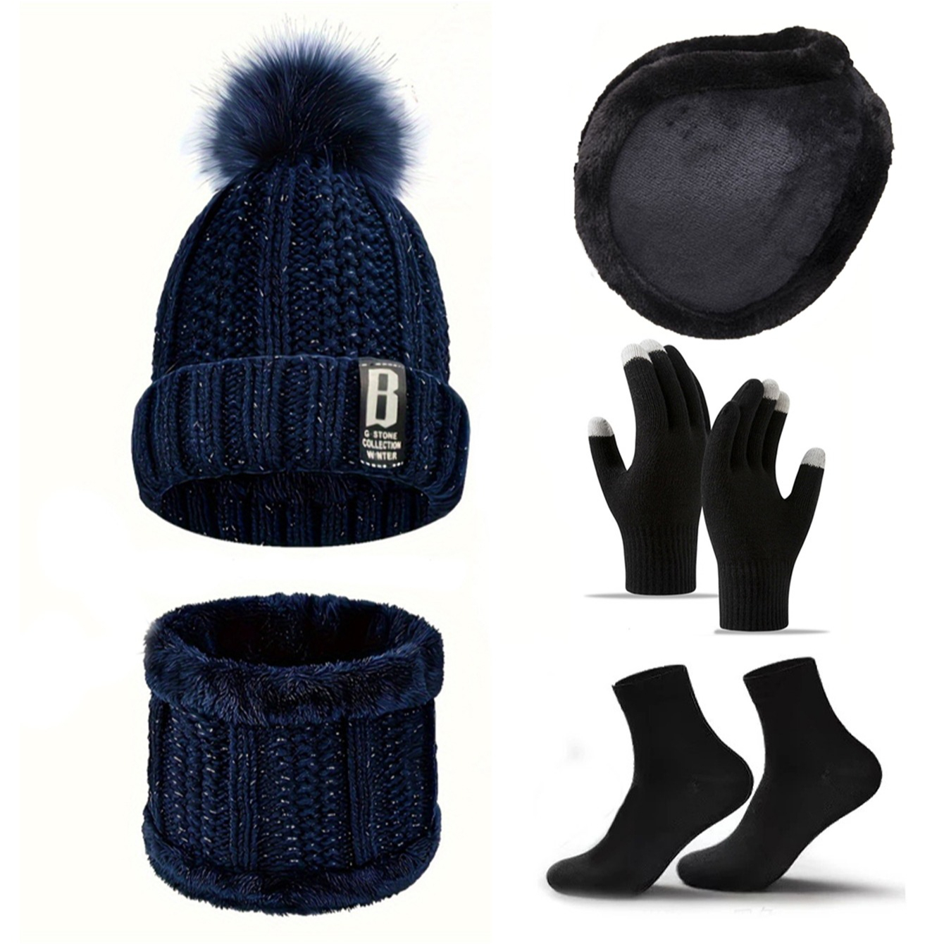 5pcs Women Warm Hat Winter Hat Wool Beanie Hats Thicken Knitted Cap Warm Scarf Gloves Hat Plush Earmuffs Thermal Socks