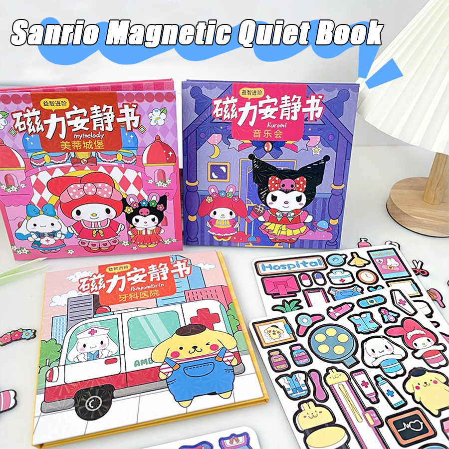 Sanrio Kuromi Cinnamoroll libro magnético silencioso My Melody hecho a mano DIY juguete repetible pegatinas magnéticas regalo para niñas juguetes para niños