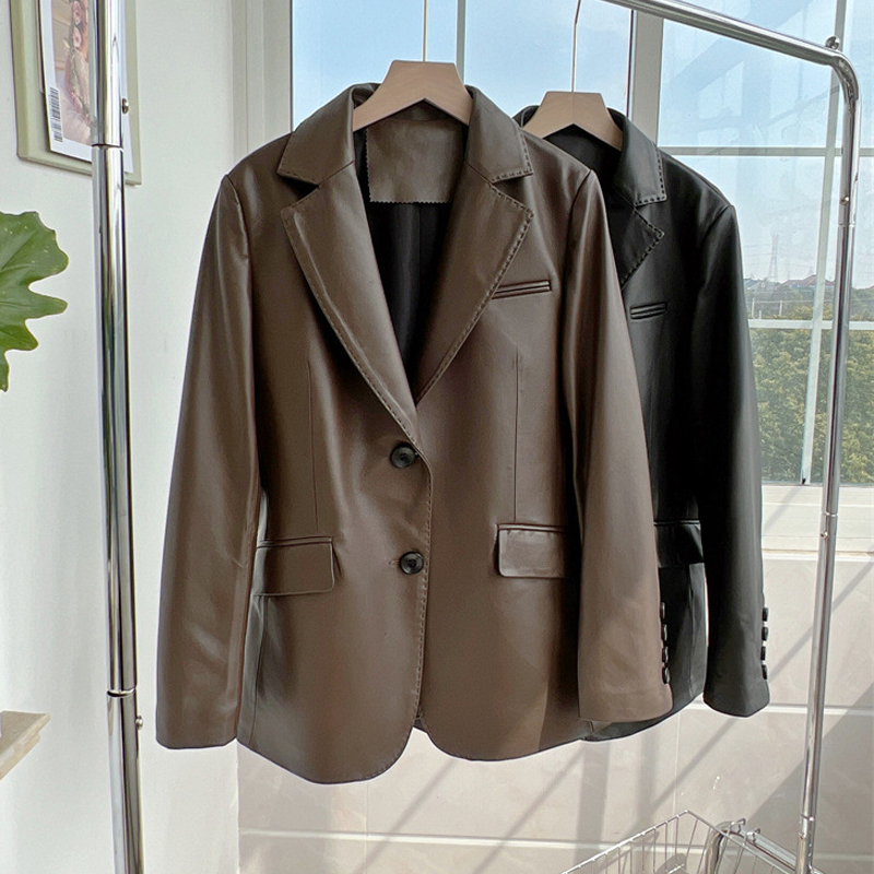 Qualité de luxe première couche en peau de mouton Blazer vestes 2025 automne Chic femmes décontracté café noir en cuir véritable costume vestes manteaux