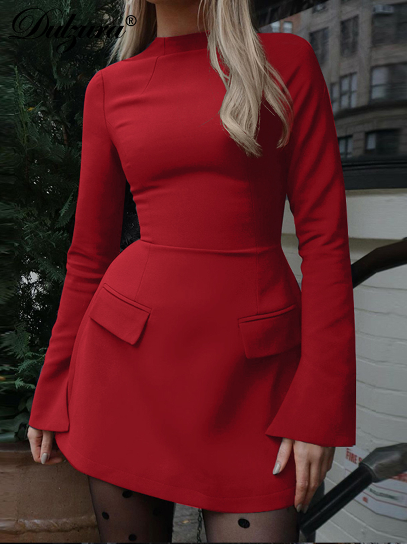 Dulzura Langarm-Reißverschluss, figurbetontes Minikleid mit Tasche, solides, elegantes Outfit, Büro, Streetwear, Damen-Herbst-Winter-Kleidung