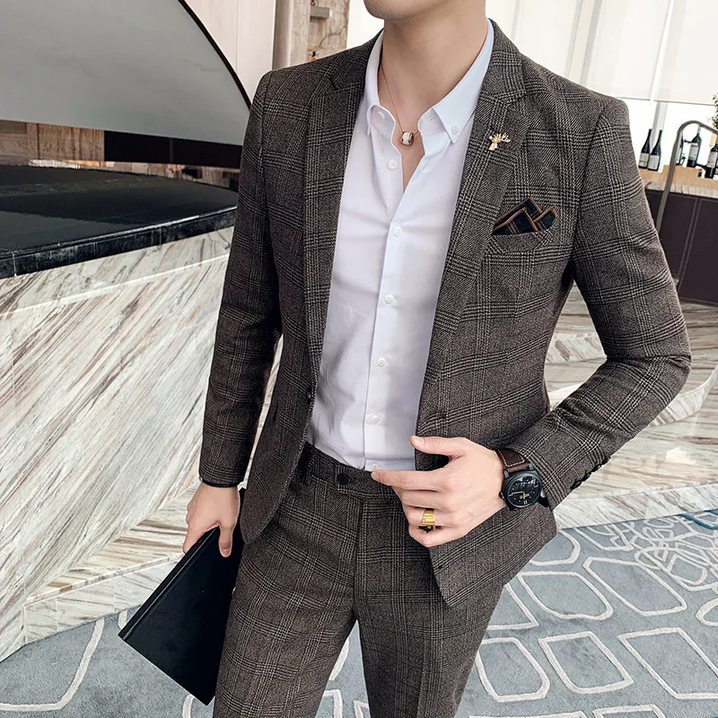 (Chaqueta + Pantalones) traje Formal de negocios a cuadros de marca de alta gama para hombre, vestido de boda para novio, esmoquin puesta en escena de Color sólido, S-7XL