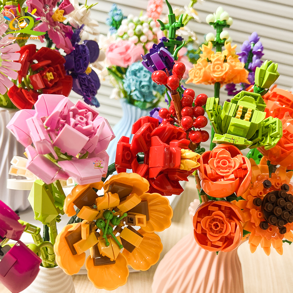 HUIQIBAO MOC 花モデルビルディングブロック 3D 花束植物ひまわりローズレンガキット子供 DIY 知育玩具家の装飾