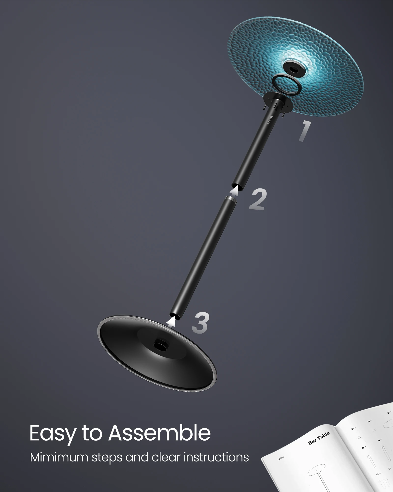 VASAGLE Bar Table, Round Cocktail Table with Multi-Colored Lights and Glass Top, Large Steel Base
