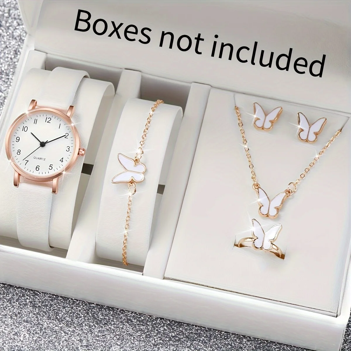 6 ชิ้น/เซ็ตผู้หญิงนาฬิกา Casual อาหรับ Dial นาฬิกาควอตซ์ Analog PU นาฬิกาข้อมือหนังชุดเครื่องประดับผีเสื้อ (ไม่มีกล่อง)