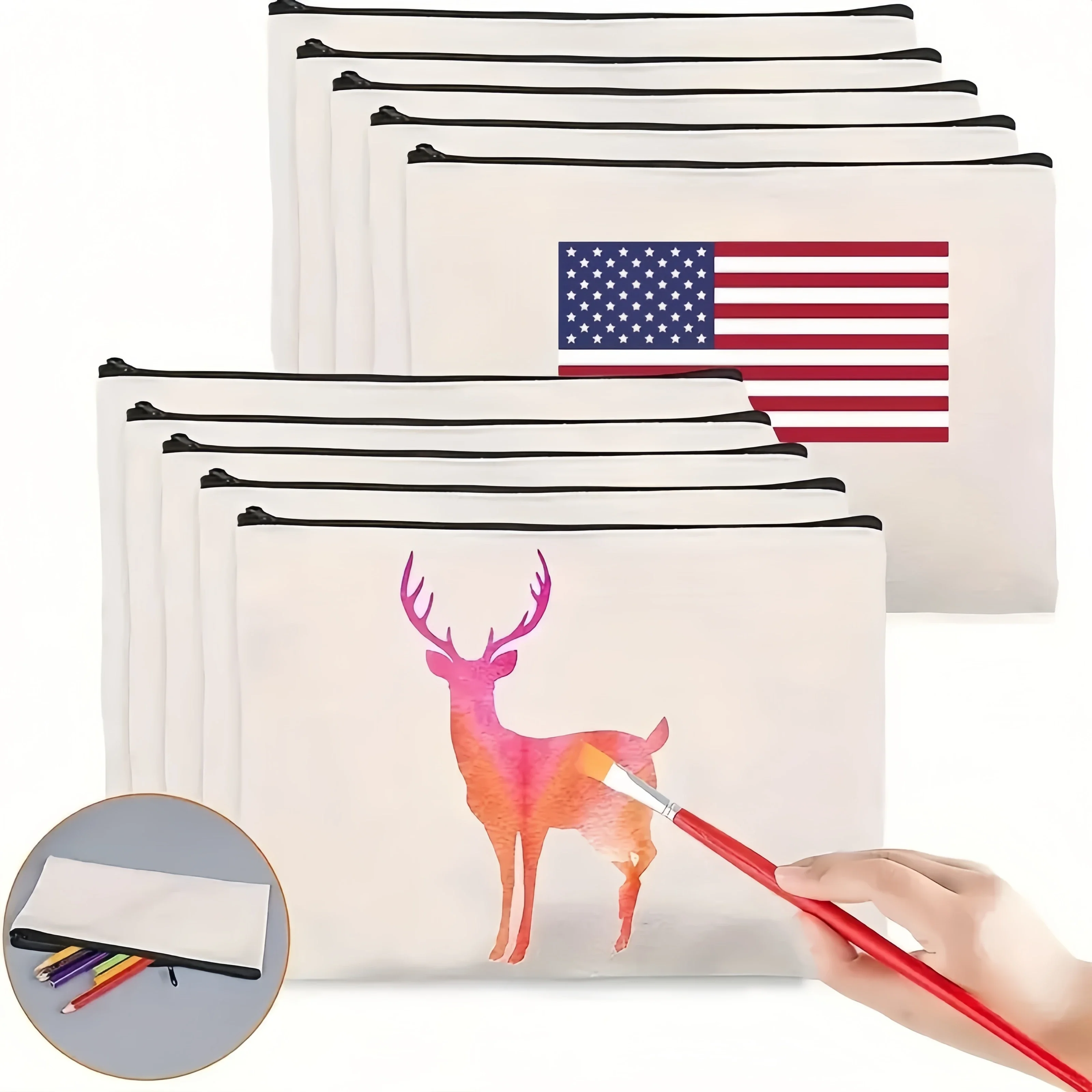 5 peças bolsa de lona em branco com zíper em massa, bolsa de maquiagem estojo de lápis para cosméticos e artesanato diy, dia da independência