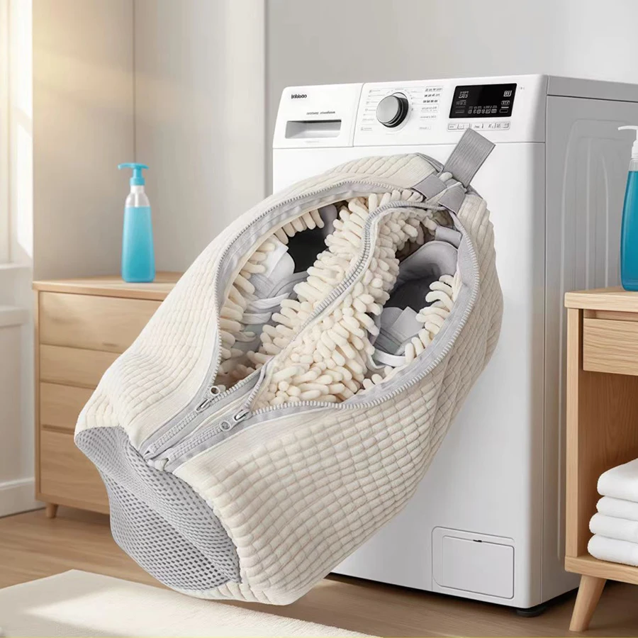 Fluffy Fiber 360 °   Surround Cleaning Shoe Washing Bag - Reusable Durable Machine-Washable Laundry Bag with Zipper Closure (1Pc)