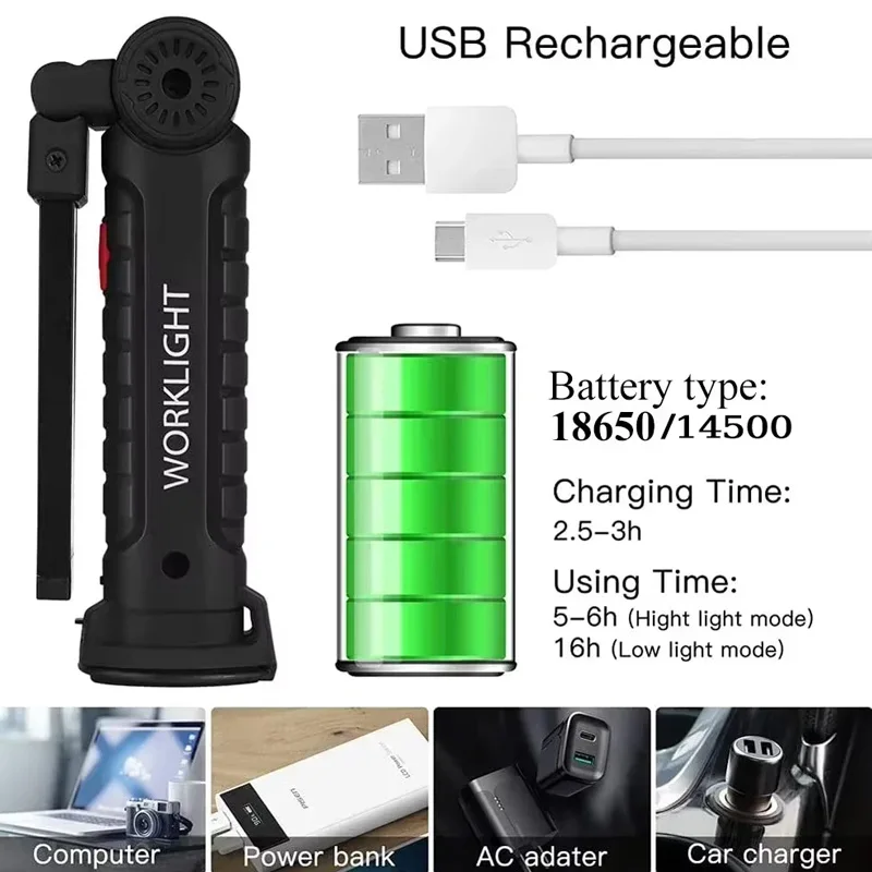 Luz LED de trabajo COB regulable, linterna LED recargable por USB, lámpara de inspección con imán y gancho, linterna con batería de 14500/18650, 1 ud.