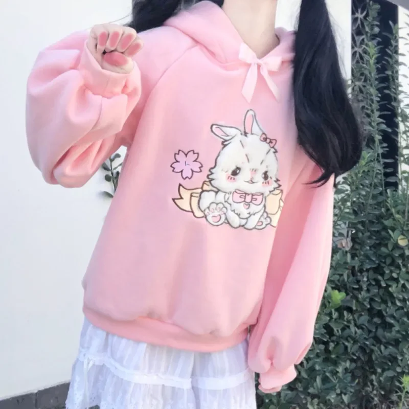 Осень 2022, женские милые толстовки с кружевным вырезом, Harajuku Kawaii, толстовка в стиле Лолиты для девочек, розовый пуловер с вышивкой ягненка и конфет, Sudadera