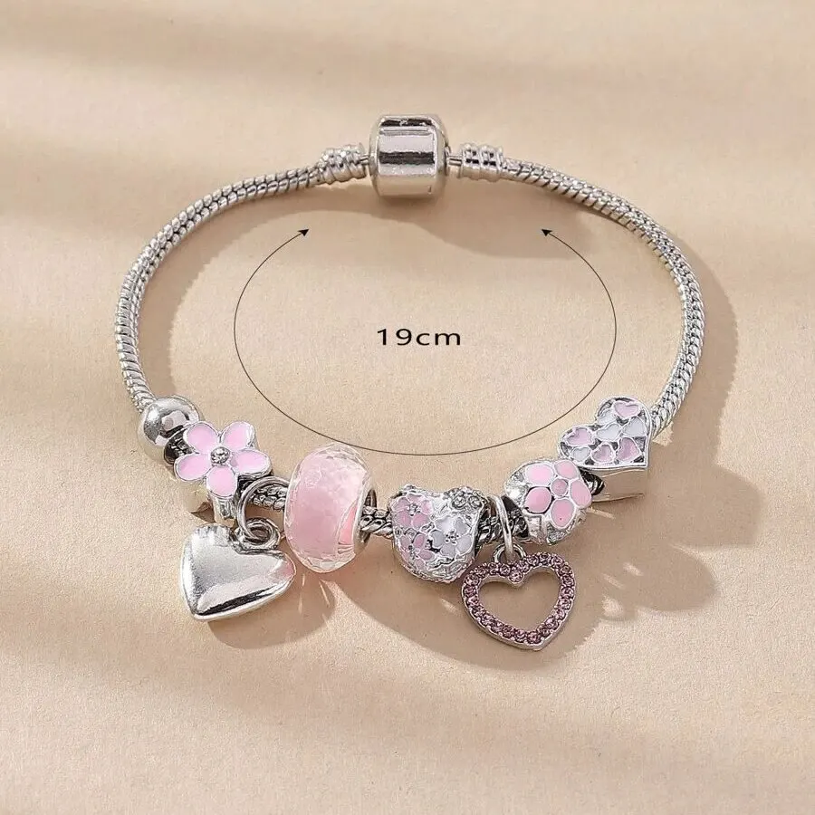 Obega Love Heart Flower Pulsera con colgante de cristal Pulsera clásica con cuentas ajustables de piedra de cristal rosa y blanco Color plata y oro