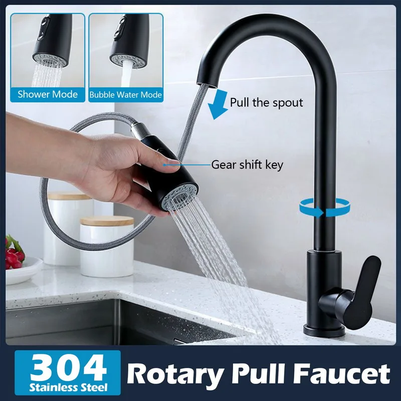 Grifos de cocina Grifo mezclador de fregadero extraíble flexible Boquilla de 2 modos Grifo de agua fría y caliente 360 °   Grifo de rotación