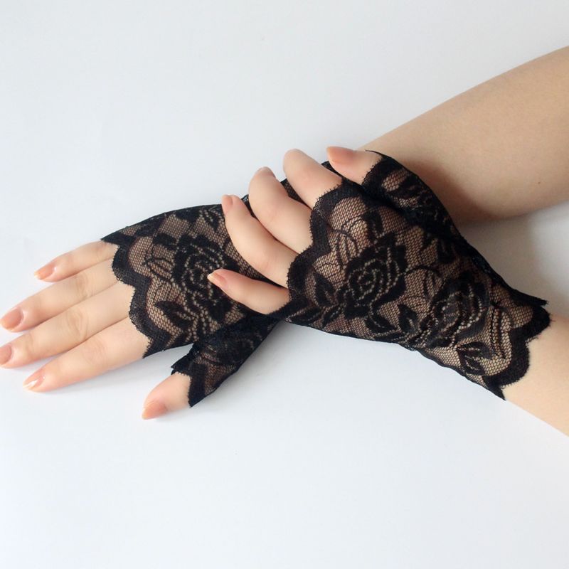 Mulheres verão oco para fora floral rendas sem dedos luvas uv proteção solar condução casamento nupcial curto metade dedo mittens