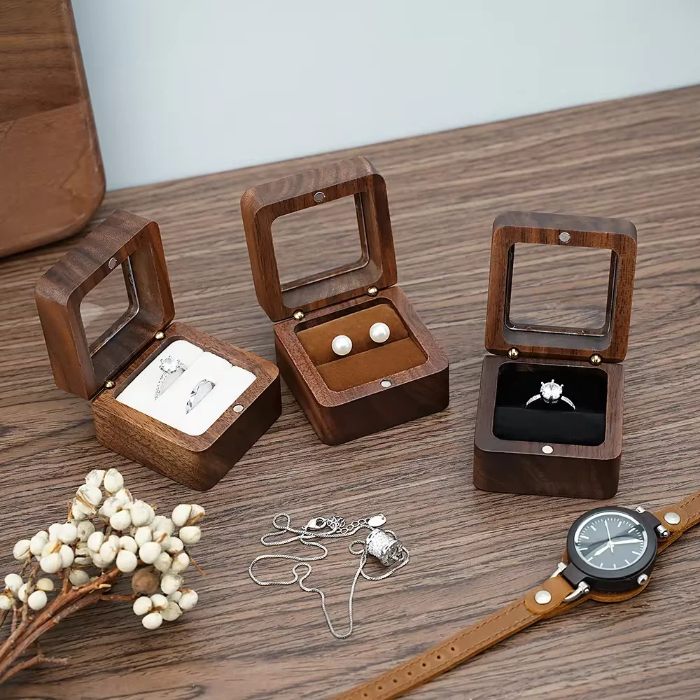 วอลนัทสีดํา Solid กล่องแหวนเดี่ยวคู่กล่องแหวนต่างหูกล่อง Cufflinks กล่อง Vintage กล่องแหวนไม้ประณีตของขวัญกล่อง