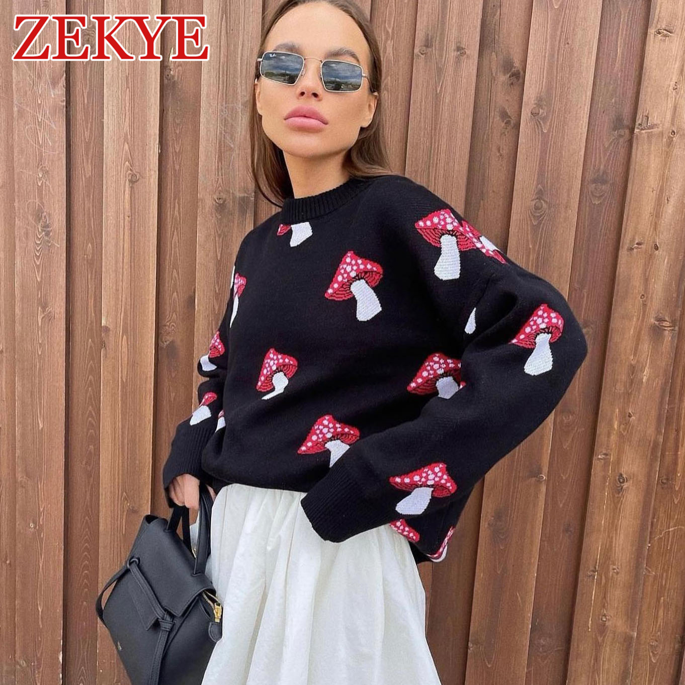 Zekye-suéteres negros con gráfico de setas para mujer, prendas de punto holgadas de manga larga para invierno, prendas de vestir básicas informales, jersey elegante de otoño