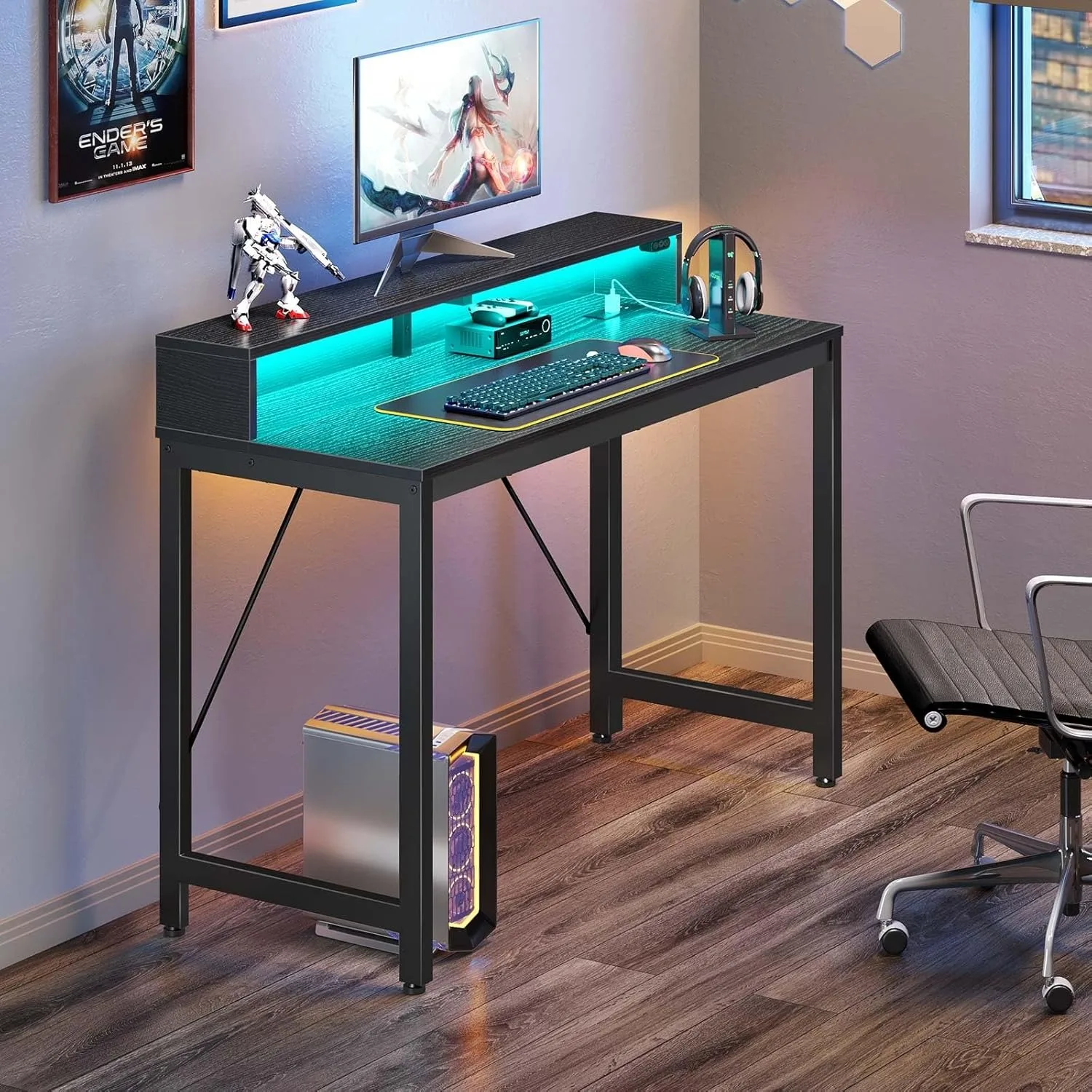 Computer Desk 47 inch with LED Lights & Power Outlets, Home Office Desk with Monitor Shelf, Gaming Desk, Writing Desk