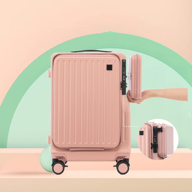Nova capa frontal de bagagem aberta dupla 20 Polegada mala de viagem com suporte de copo usb multi-função trole mala maleta