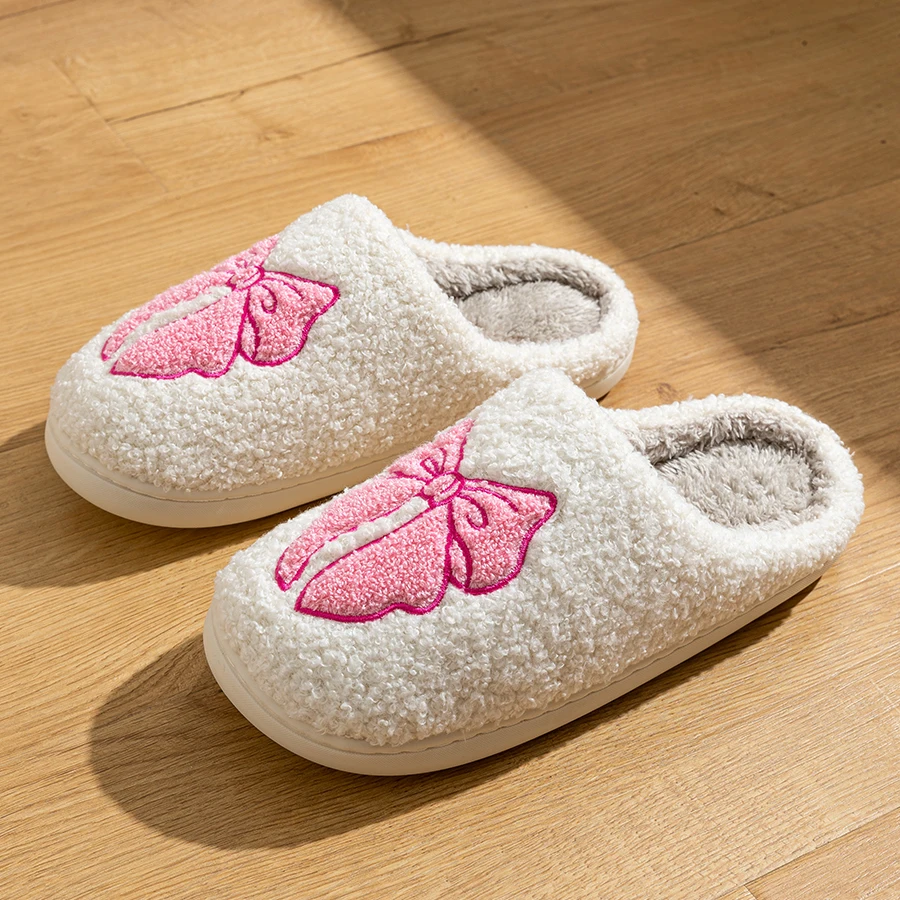 แฟชั่นน่ารักสวยโบว์ผู้หญิงรองเท้าแตะในร่มฤดูหนาว Soft Sole ประณีต WARM Graceful Causal หอพัก Comfy แบนรองเท้าผ้าฝ้าย