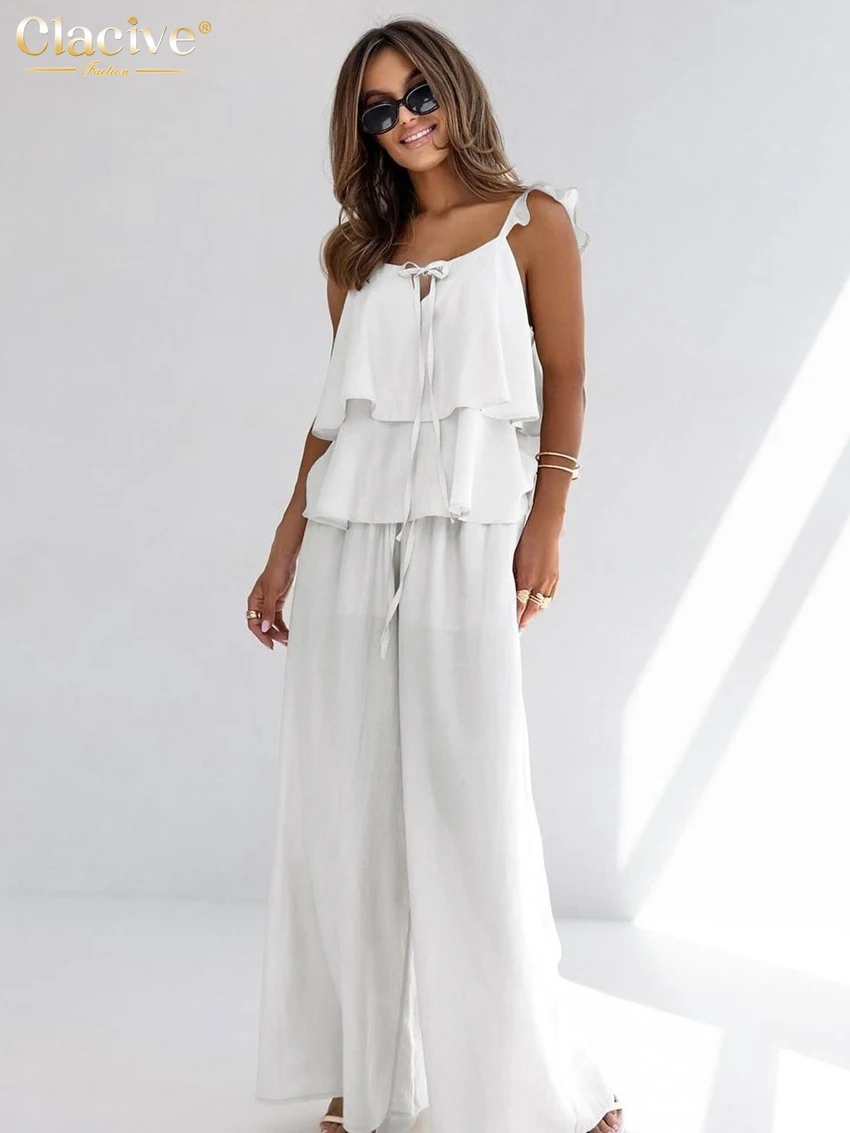 Clacive Sommer-Zweiteiler-Set für Damen aus lockerer weißer Baumwolle, 2025, modisches ärmelloses Tank-Top mit hoher Taille und weitem Hosen-Set für Damen