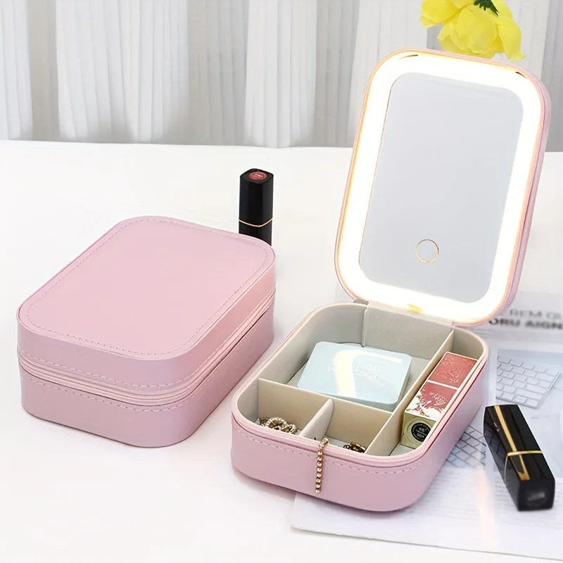 1PC Adjustable separated cosmetic case with built-in mirror, portable cosmetic storage bag and beauty tool accessory box.