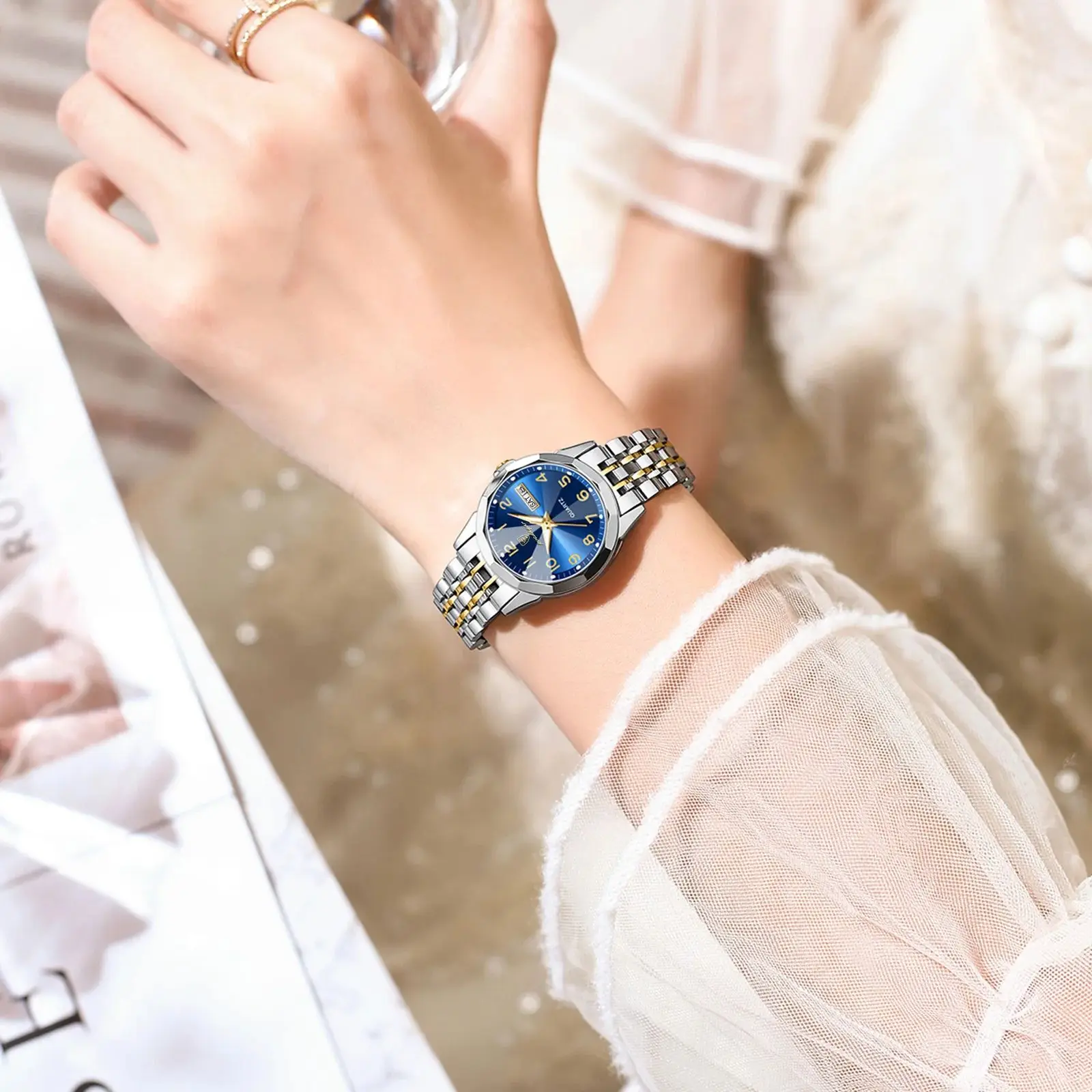 Reloj de pulsera POEDAGAR de lujo para mujer, Reloj de cuarzo resistente al agua con fecha luminosa y semana, relojes de acero inoxidable para mujer, Reloj femenino