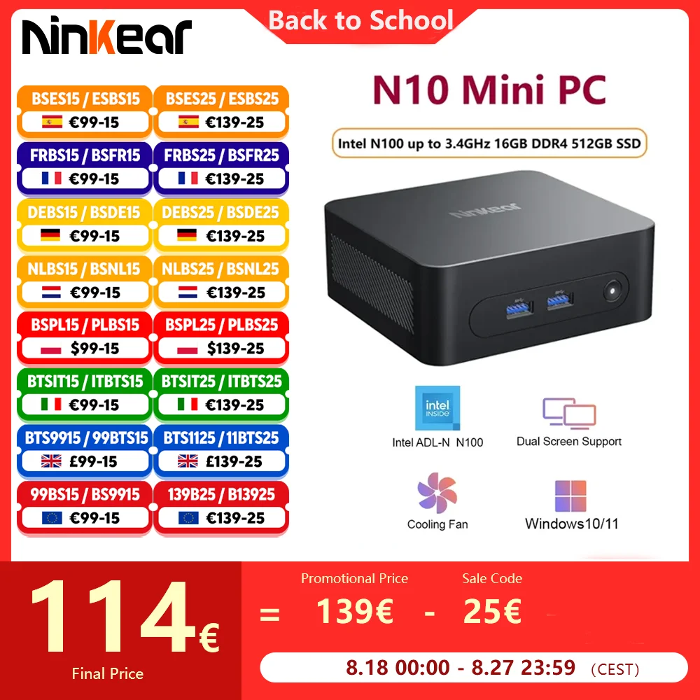 Ninkear N10 Mini PC Intel N100 fino a 3,4 GHz 16 GB DDR4 512 GB SSD 2.4G + 5G WIFI HDMI 2.0*2 Supporto computer WIindows 11 a doppio schermo