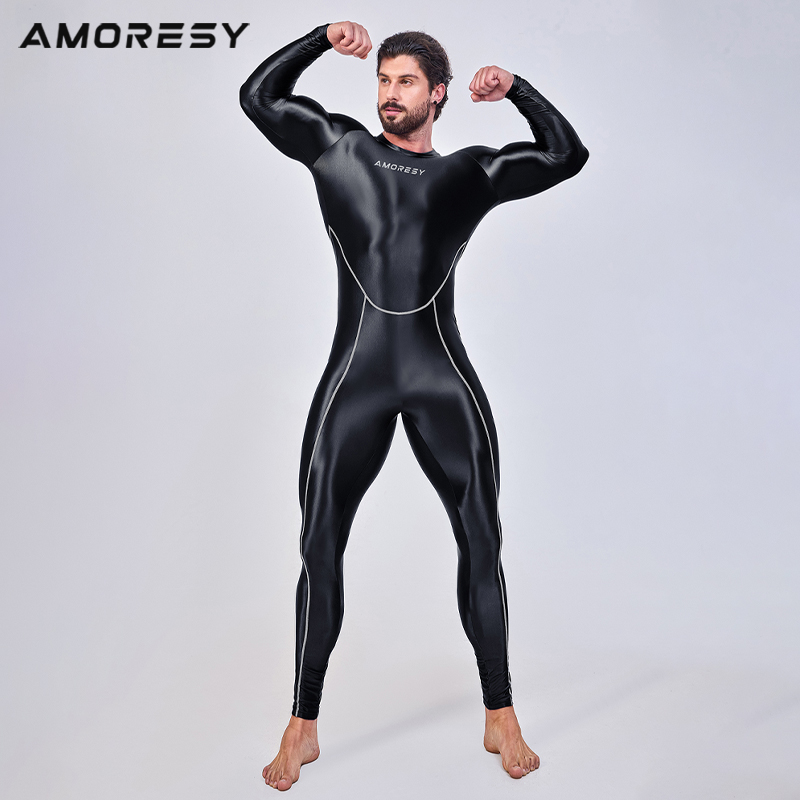 AMORESY 男性滑らかな光沢のあるサイクリングタイツレオタードワンピースジャンプスーツフィットネスロンパースランニングスポーツジャージ全体的なキャットスーツ