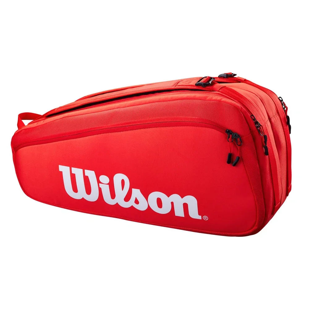 Wilson 2023 Super Tour Pro Staff 6 Pack Fine-Knit Coating Tennis Bag 3-Decks Racket Backpack Racquet Bag with Thermoguard Red