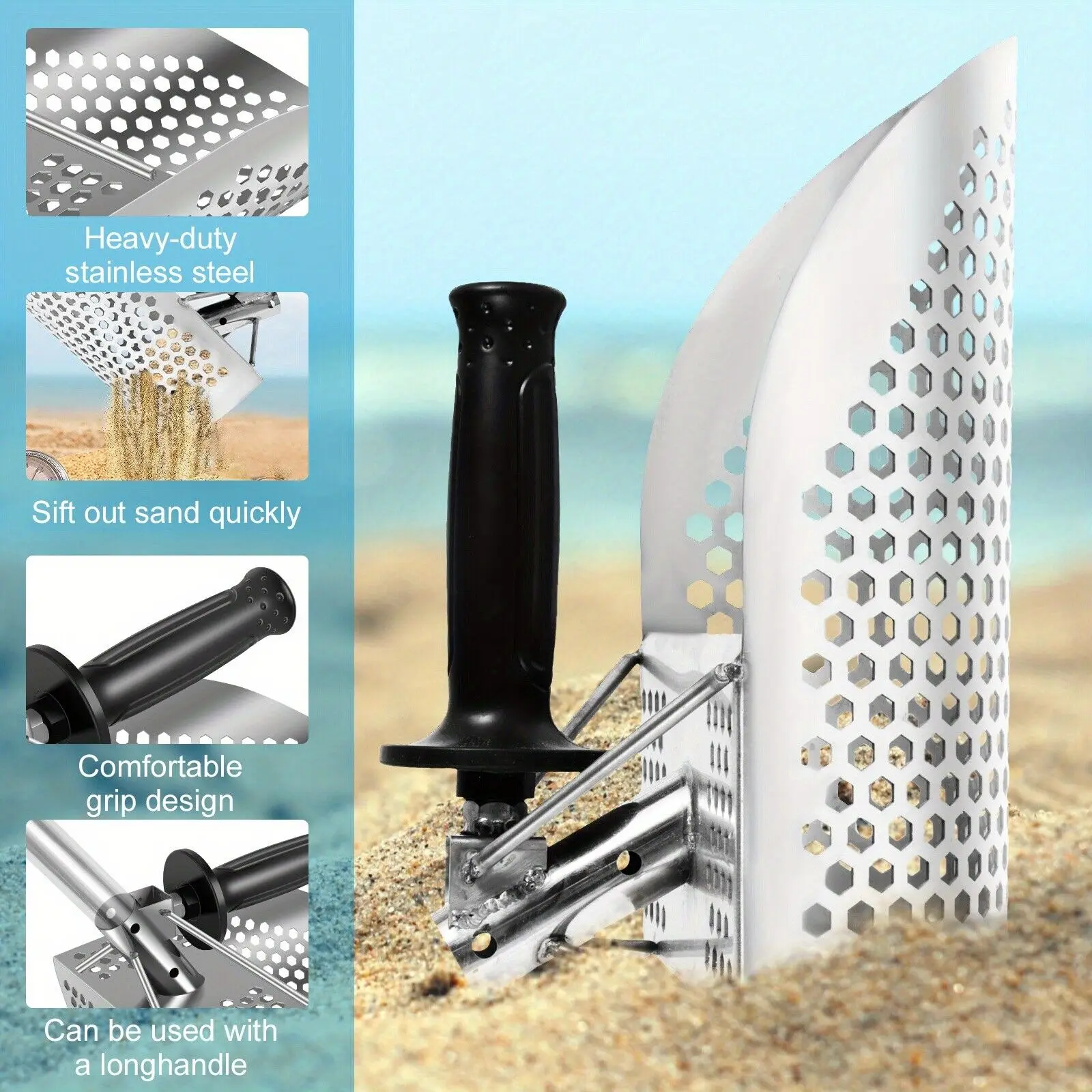 Sand Scoop for Metal Detecting, Heavy Duty Metal Detector Beach Finds Scoop, Stainless Steel Metal Detecting Tool