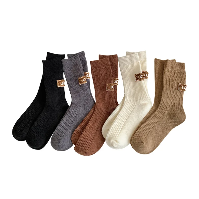 2 Pairs Winter Wool Socks Women Luxury Cashmere Warm Thickened Mid-Tube Socks Trendy Heel Furry Label Solid Snow Boot Socks
