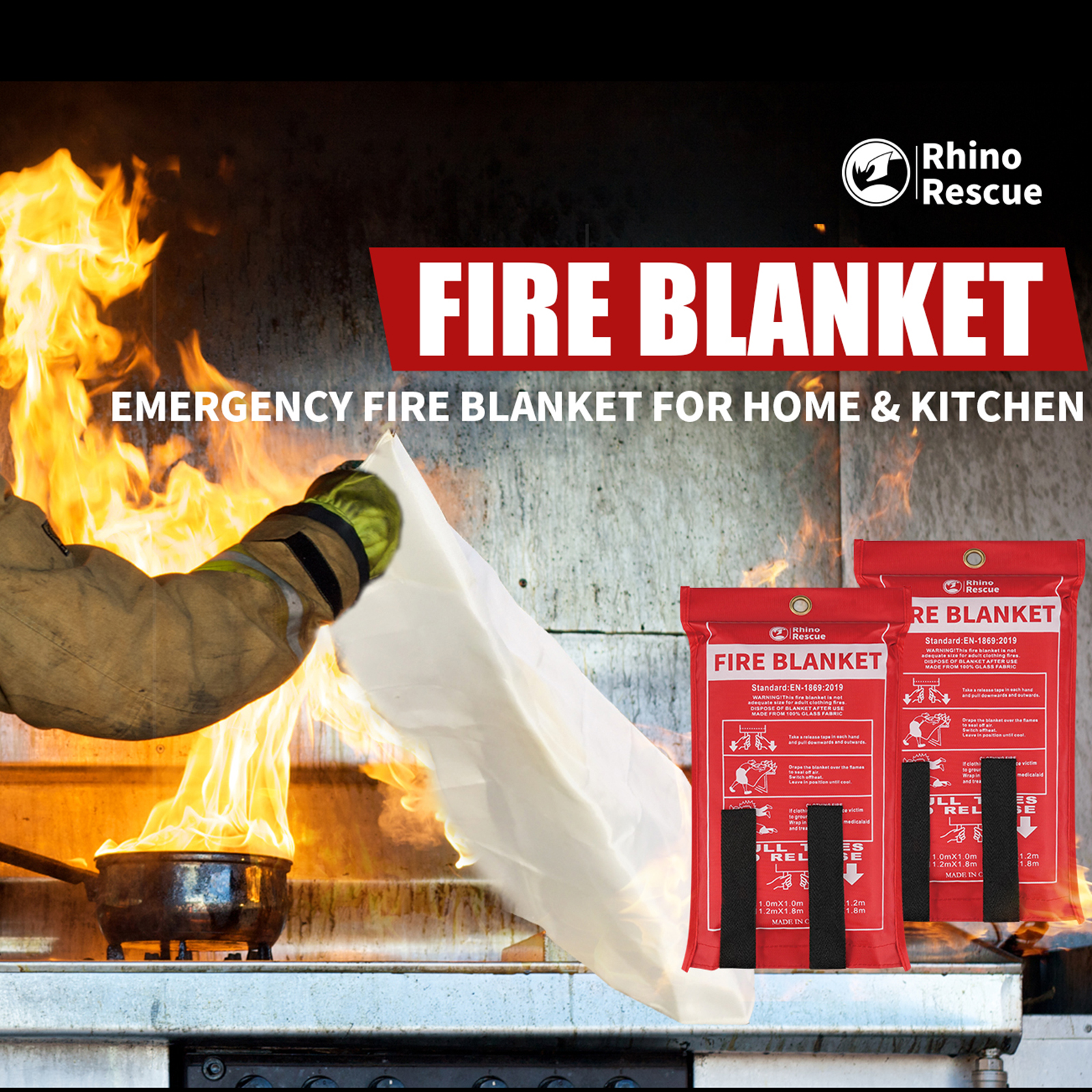 RHINO RESCUE Fire Blanket, 40''×40'' Fiberglass Emergency Fireproof Gear, Flame Retardant Protection for Home, Kitchen