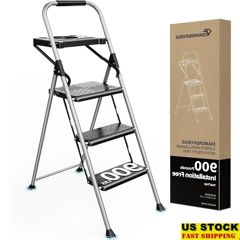 3 Step Folding Step Ladder Stool with Tool Tray Anti-Slip Pedal Heavy Duty Steel Construction 900lbs Portable Safe Space Saving