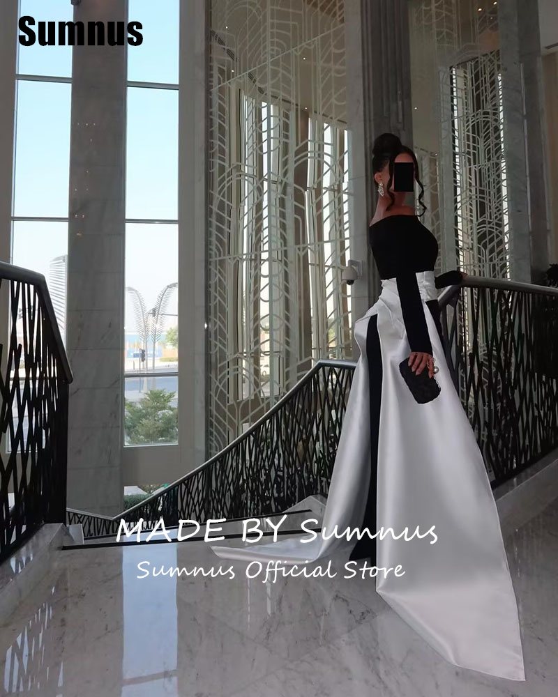SUMNUS สีดําและสีขาวตรงชุดราตรี Elegant ปิดไหล่ชุดเดรสยาวอย่างเป็นทางการชุดรถไฟที่กําหนดเอง