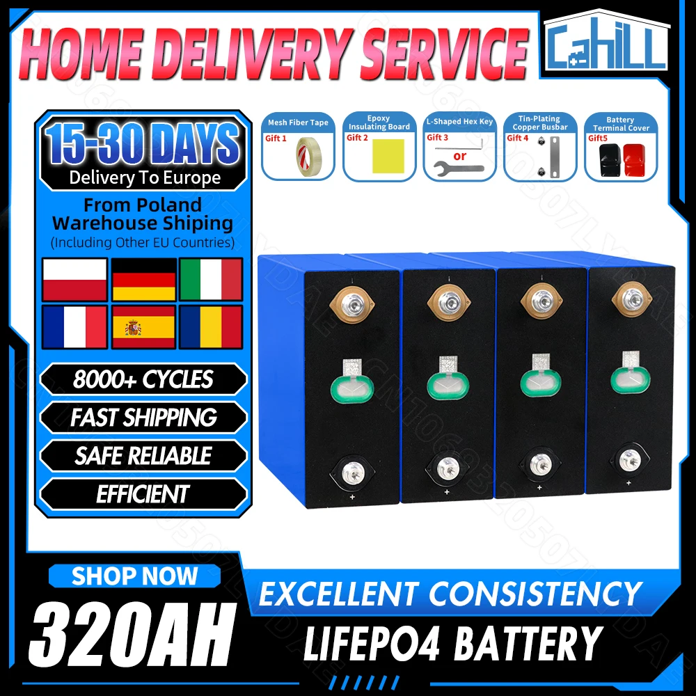 Grado A 8000+ ciclo 320Ah Lifepo4 batteria batteria ricaricabile al fosfato del ferro di litio 3.2V, adatta per DIY 12V 24V 48V batteria da campeggio solare RV di stoccaggio di energia domestica, inventario UE