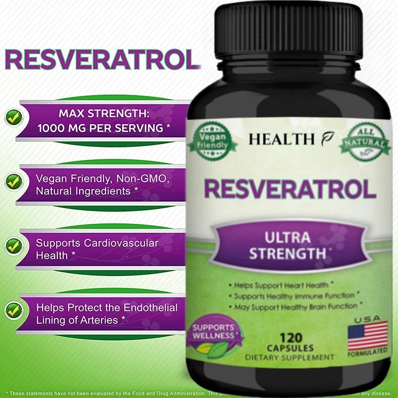 Resveratrol vendedor caliente 1000 mg, 120 cápsulas - Vegano, sin gluten, sin OGM