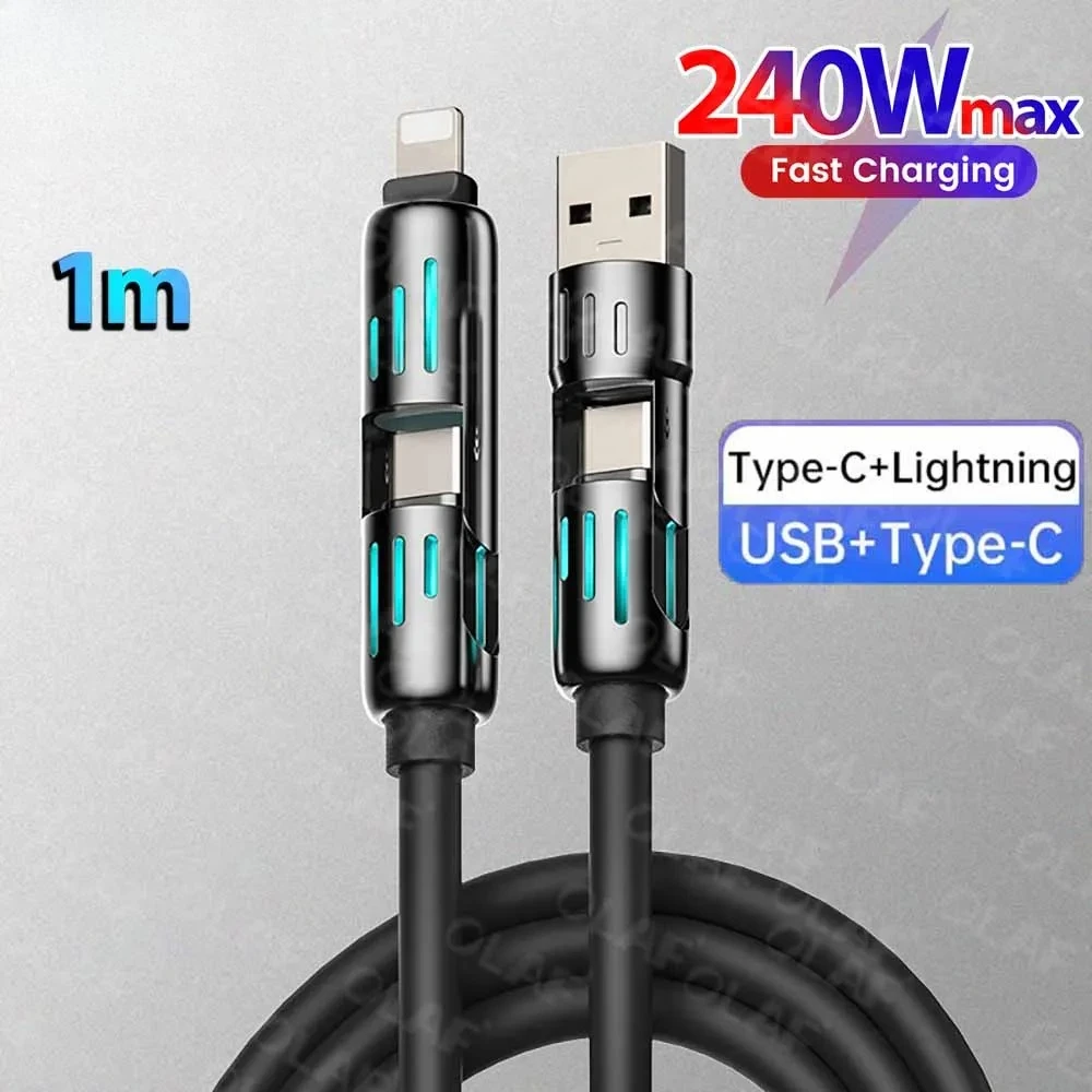 4 w 1 240W USB typu C Silikonowy kabel do szybkiego ładowania 5A USB typu C do Lightning Super szybki kabel do ładowania danych dla iPhone 15 Xiaomi
