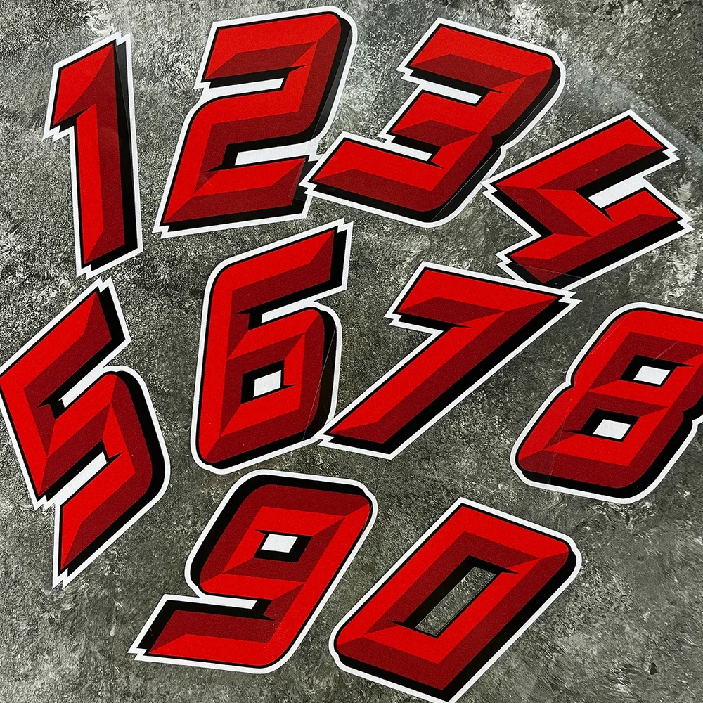 0123456789   Pegatinas de número rojo para motocicleta, carenado de tanque de combustible, calcomanías de vinilo impermeables, decoración de casco de carreras DIY