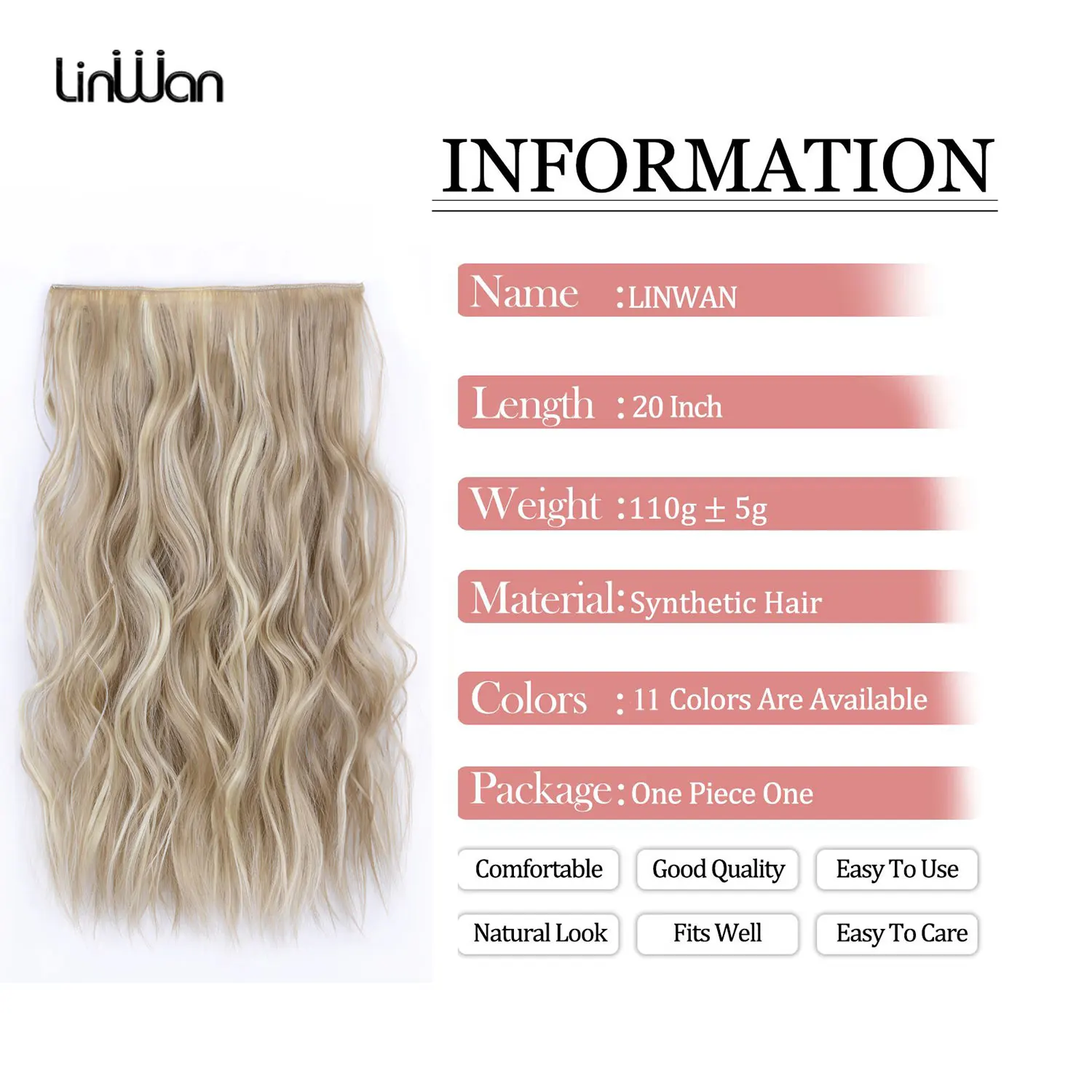 Extensões de cabelo sintéticas com 4 clipes, fio invisível, longo, ondulado, linha de peixe natural, uma peça, extensão de cabelo falsa para mulheres