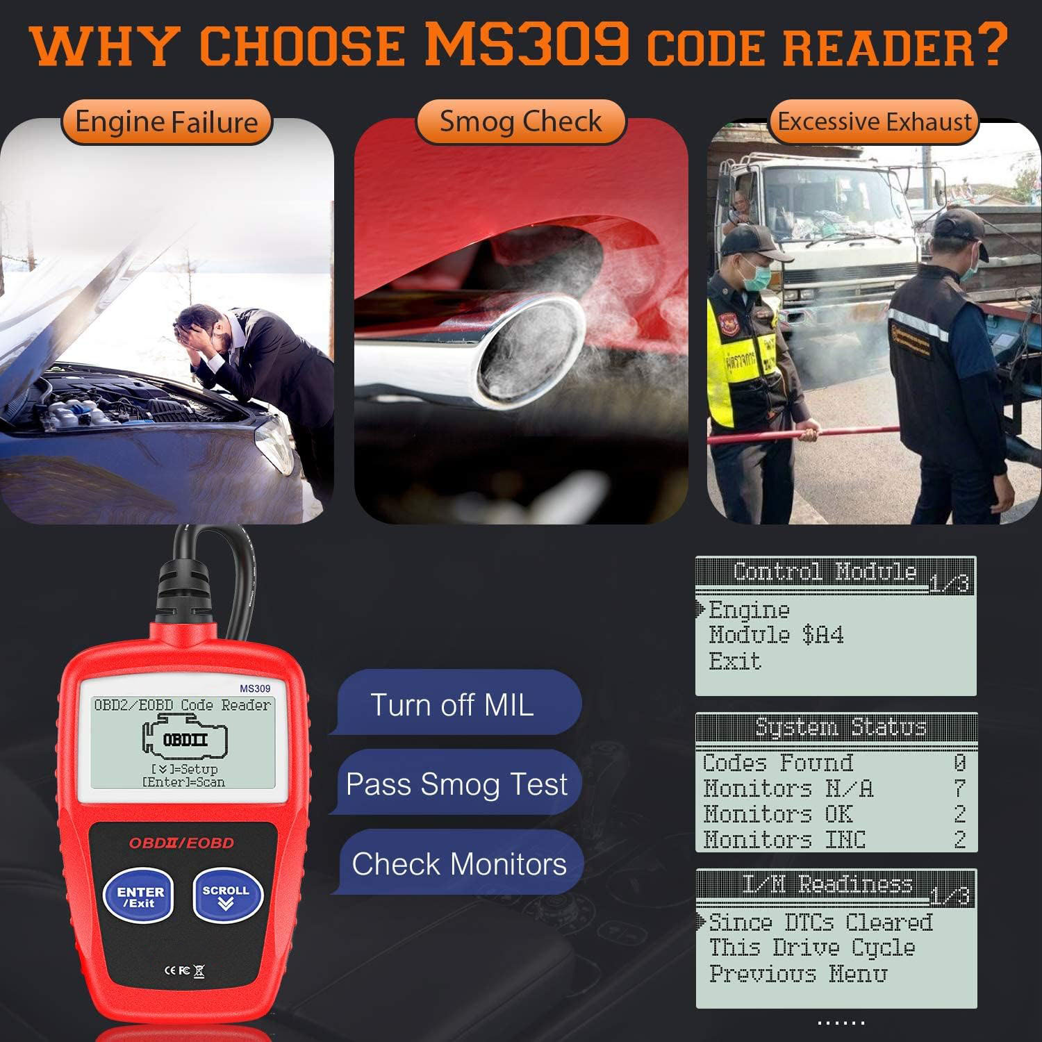 MS309 Automotive Trouble Code Reader Accurate engine diagnostic tool scanner checks engine light and emission monitoring status