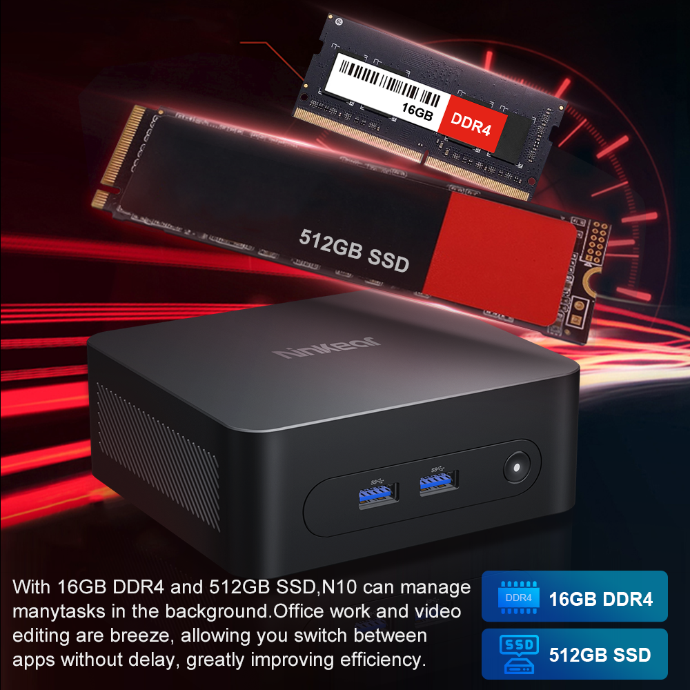 Ninkear N10 Mini PC Intel N100 jusqu'à 3.4 GHz 16 Go DDR4 512 Go SSD 2.4G + 5G WIFI HDMI 2.0*2 Prise en charge de l'ordinateur WIindows 11 à double écran