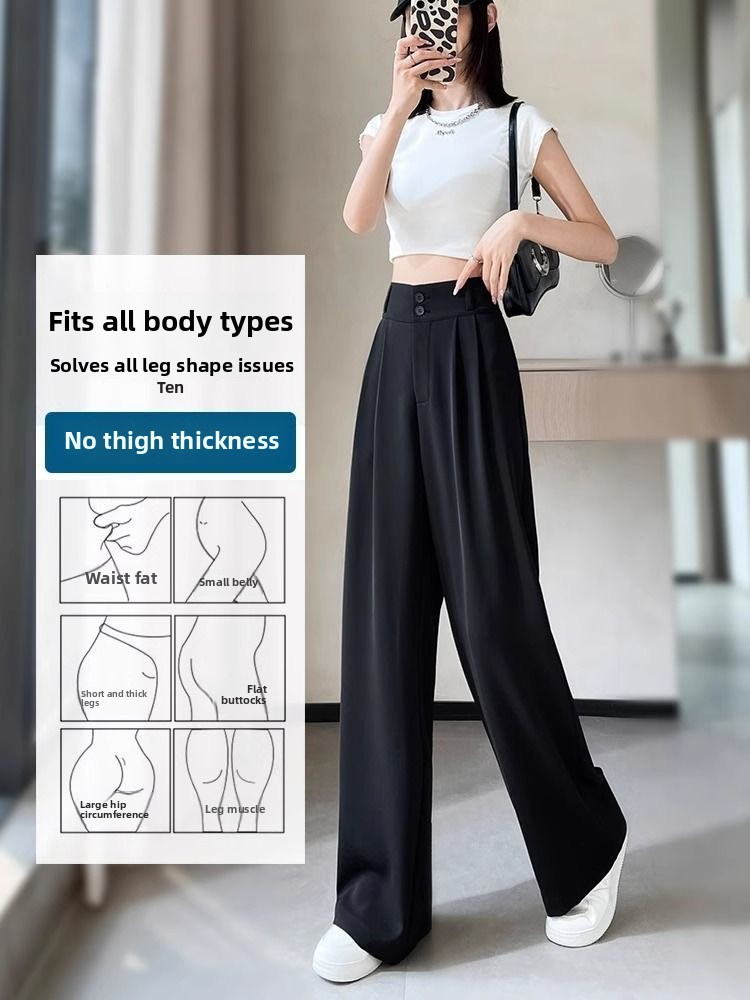 Slim Fit Straight Leg Suit Pants Women's Summer Thin Bla Casual Small Size Wide Hip Wide Leg Pants for Pear aped Body