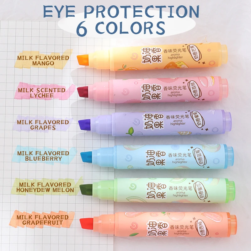 6 色の蛍光マーカークリーミーフルーティーな香りの蛍光ペン新学期用品美的女子学生キッズギフト