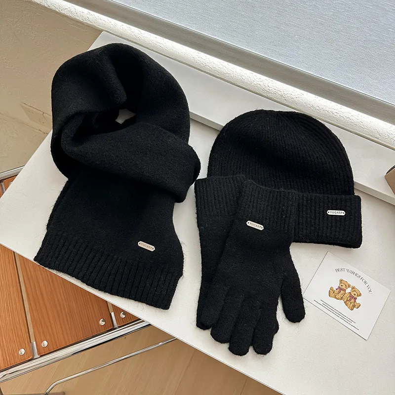 Knitted Hat, Scarf, And Gloves Three-Piece Set, Solid Color Wool, Autumn And Winter Warm Versatile Pure Color