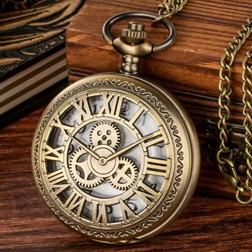 Vintage Hollow Steampunk Gear Design Quartz Pocket Watch with Necklace Pendant, World-Time Feature, Pointer Display Pocket Watch