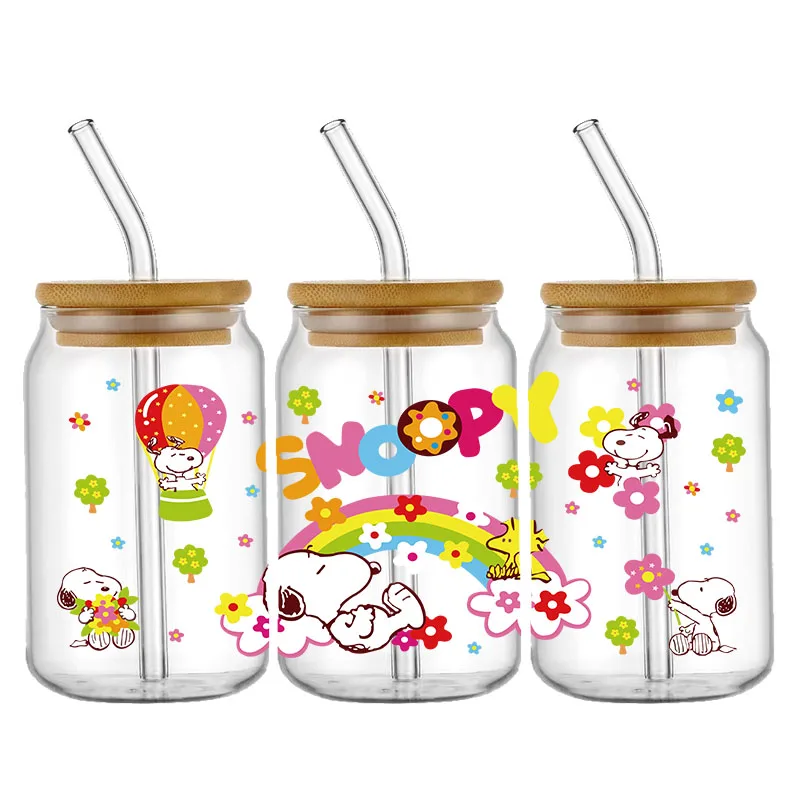 Dibujos animados de moda Snoopy 16OZ UV DTF taza envolturas pegatina de transferencia para vidrio Libbey lata botella autoadhesiva lavable DIY personalizado