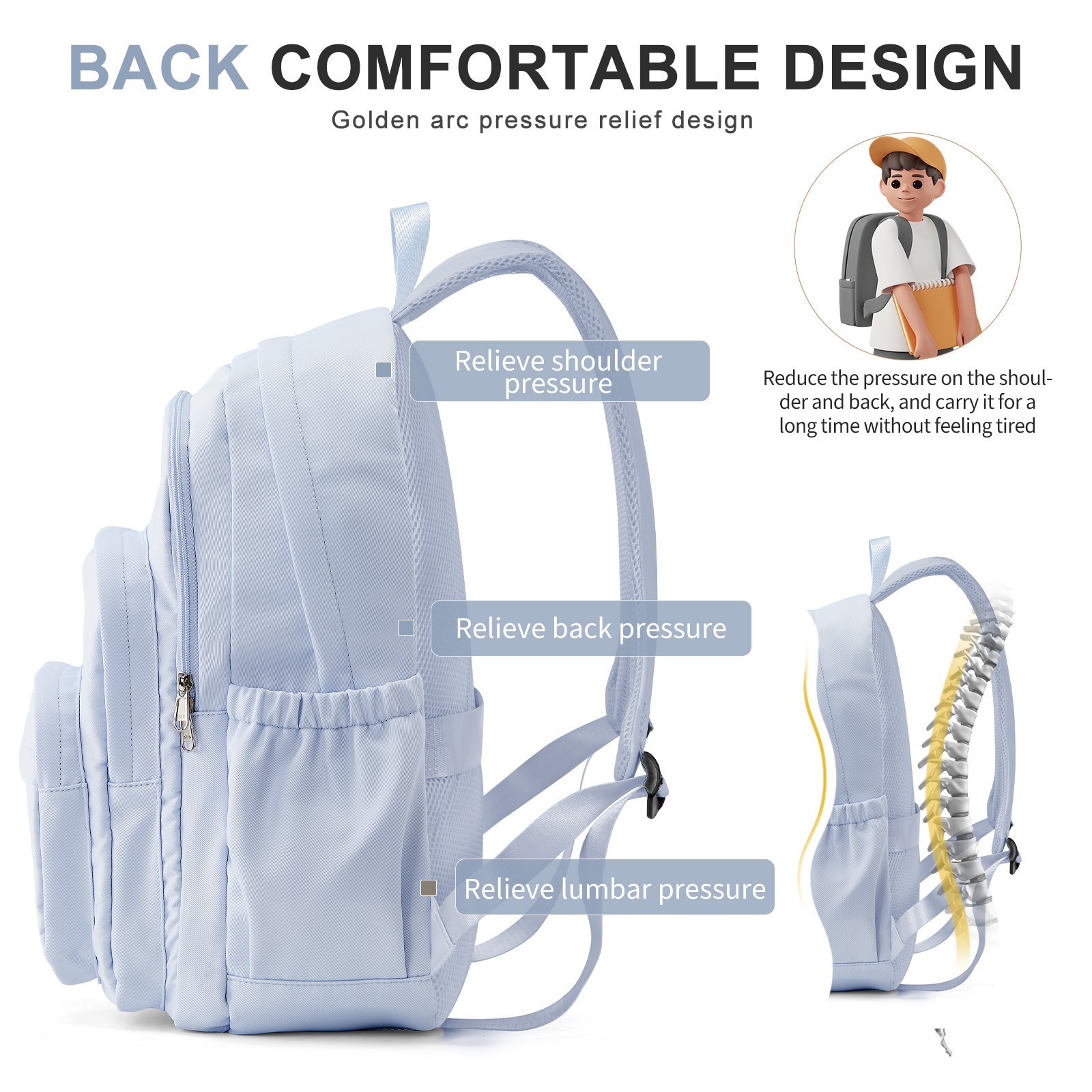Mochila casual de nylon, mochila para mulheres, design com vários bolsos em azul claro durável para escola, ensino médio e mochila universitária