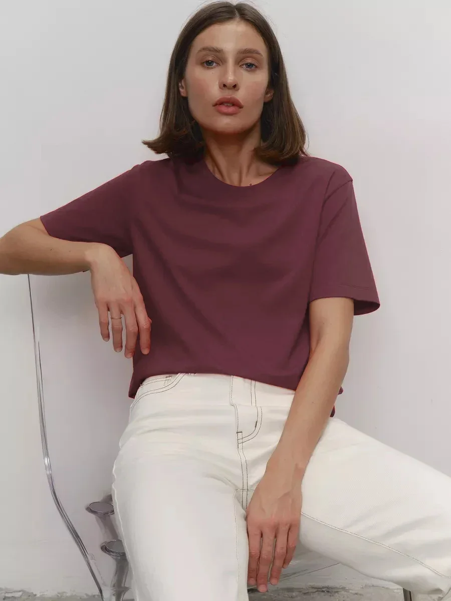 Sumuyoo, camiseta de verano 100% de algodón para mujer, camisetas básicas de moda para mujer, camisetas holgadas de manga corta, camisas sólidas 230g/ ㎡   Tops