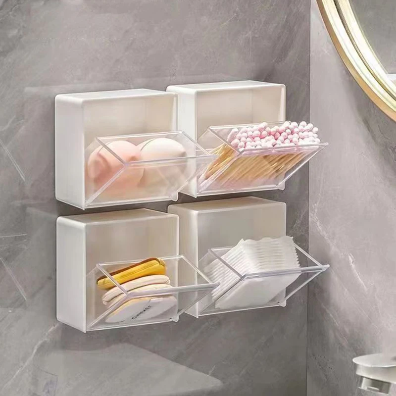 Cajas de almacenamiento de plástico montadas en la pared, organizador de baño a prueba de polvo para hisopos de algodón, adhesivo de maquillaje, caja pequeña para joyería, 4 Uds.