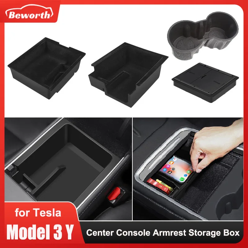 Car Storage Box For Tesla Model Y 3 Center Console Trays Armrest Hidden Box Bins Cup Holder Under Seat Organizer Car Accessories